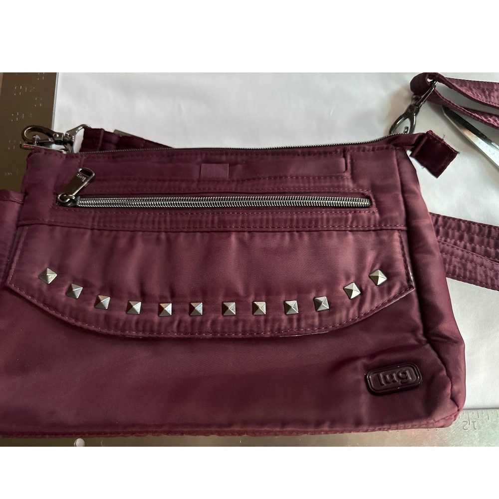 Lug Pacer Crossbody Bag Wine Burgundy Studded Nylon Travel Purse Adjustable.